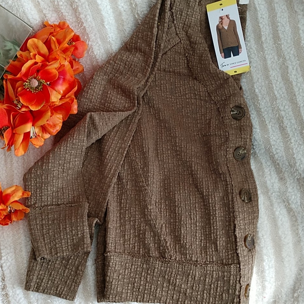 NEW Two by Vince Camuto Cardigan Sweater Slub Knit Texture Olive Boho Womens Sml